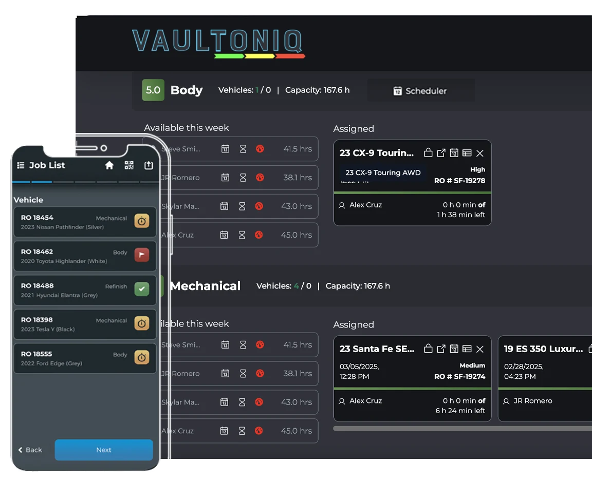 The Vaultoniq production board on desktop and the technician app on a phone